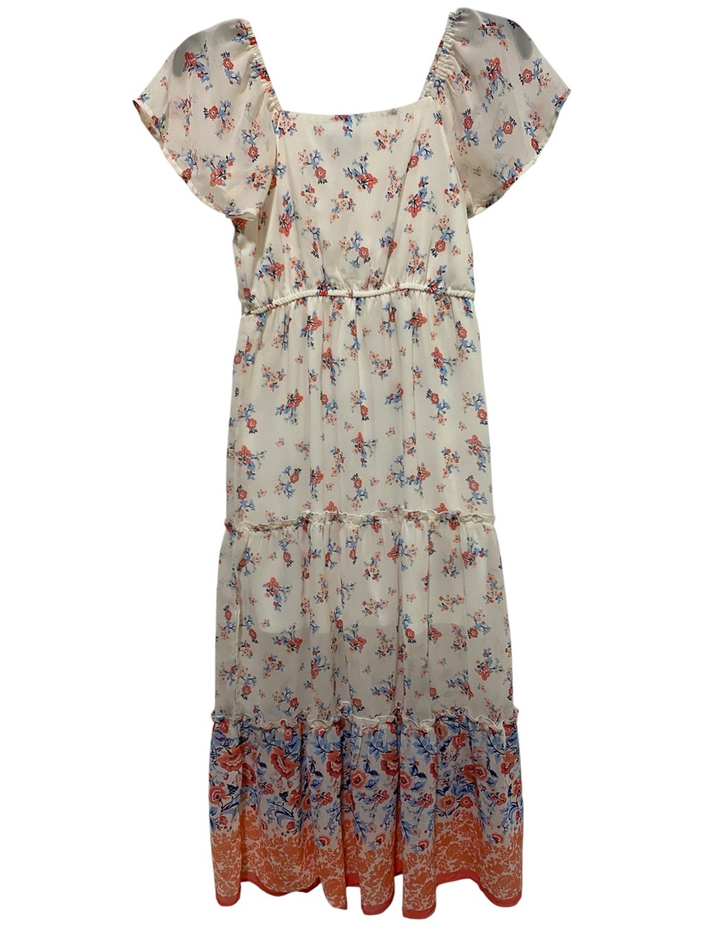 Trixxi Girl Cream Floral Tiered Maxi Dress with Blue and Coral Border Lined